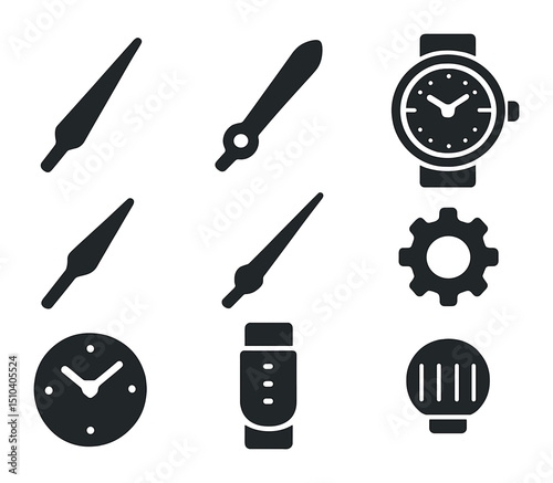 Modern Watch Icons. Solid, filled icons set of wristwatch hand designs: sleek hour hand, luminous tip, watch
