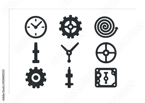 Mechanical Icons Grid. Solid, filled icons set of timepiece mechanics and gears: ticking hands, drive gear,