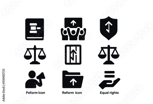 Criminal Justice Reform Icons. Solid, filled icons set of criminal justice reform and defenders: policy book,