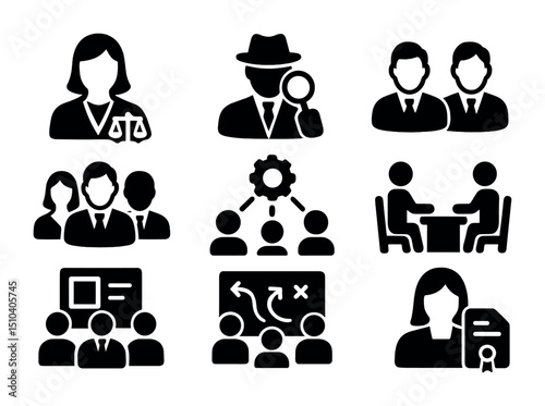 Teamwork in Law Icons. Solid, filled icons set of teamwork in public defense: paralegal icon, investigator