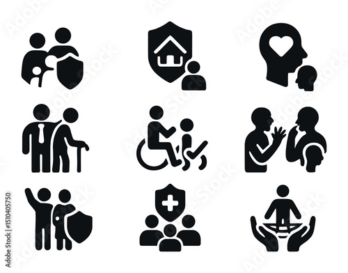 Defender Icons Set. Solid, filled icons set of defenders protecting vulnerable populations: immigrant support,