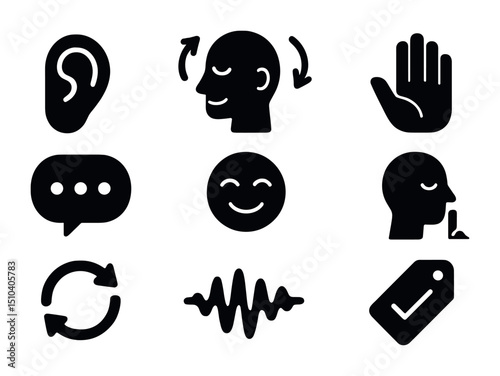 Active Listening Icons. Solid, filled icons set of active listening and validation: focused ear, nodding head,