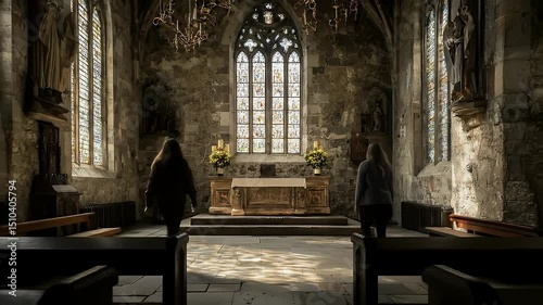 Dramatic Interior of Old Stone Church with Golden Altar Sunlight Through Stained Glass Windows Wooden Pews and Candle