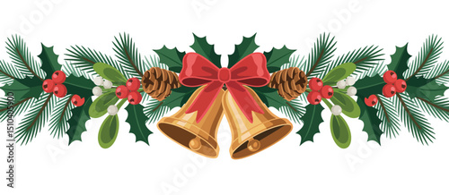 Festive Christmas Holly Wreath with Bells and Pine Cones