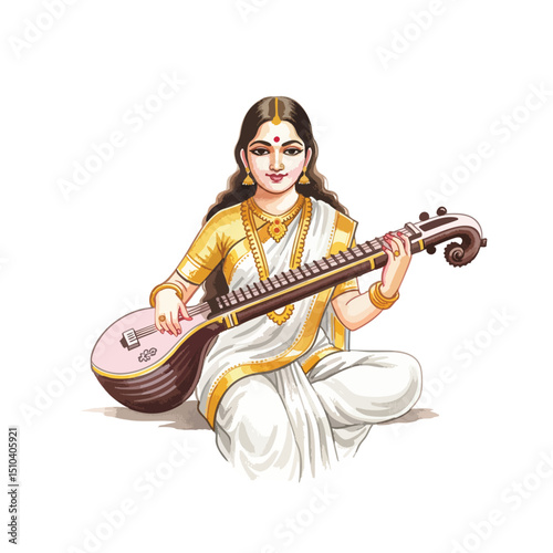 Watercolour Illustration of Goddess Saraswati on Transparent PNG Background