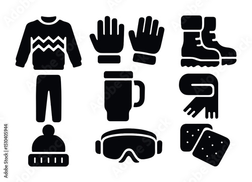 Winter Travel Essentials Icons. Solid, filled icons set of winter holiday suitcase items: wool sweater, gloves