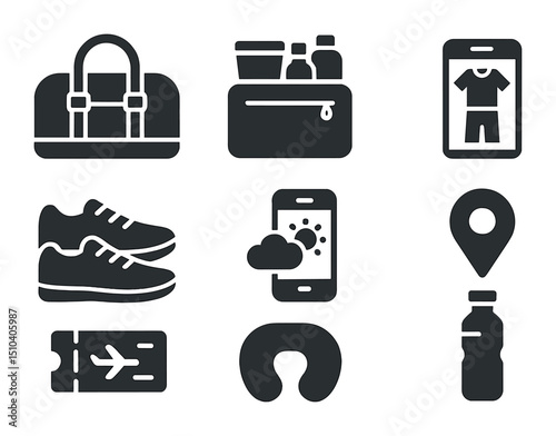 Weekend Getaway Icons. Solid, filled icons set of weekend getaway essentials: duffel bag, toiletries kit,