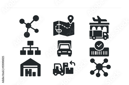 Supply Chain Icons. Solid, filled icons set of supply chain coordination: connected nodes, shipment route,