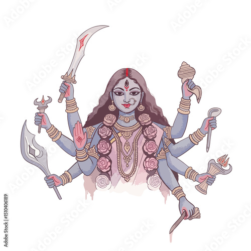 Watercolour Illustration of Goddess Kali on Transparent PNG Background