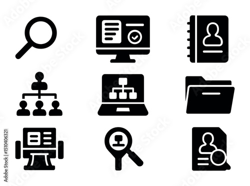 Genealogy Tools Icons. Solid, filled icons set of genealogy research tools: magnifying glass, digital archive,