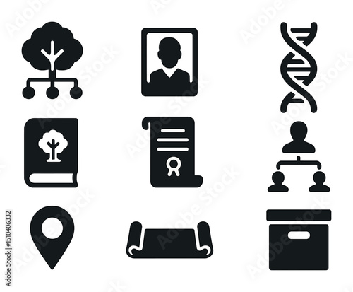 Genealogy Icon Grid. Solid, filled icons set of genealogy and family history research: family tree, ancestor