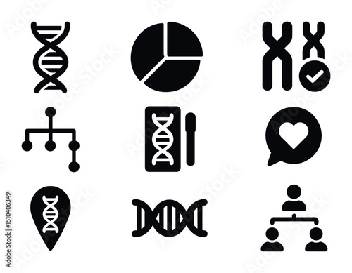 DNA Genealogy Icons. Solid, filled icons set of DNA and genetic genealogy: DNA helix, ethnicity pie chart,