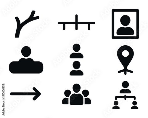 Family Tree Icons. Solid, filled icons set of family tree construction: tree branch, connecting line, photo