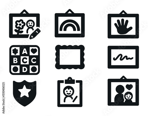 Child Artwork Icons. Solid, filled icons set of child artwork in frames: crayon drawing, rainbow picture,