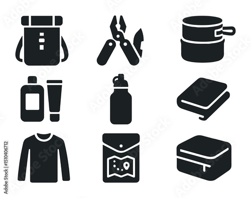 Minimalist Travel Icons. Solid, filled icons set of minimalist travel gear: roll-top backpack, multi-tool,