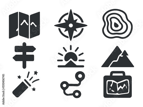 Navigation Icons Set. Solid, filled icons set of navigation and orientation off-grid: paper map, compass rose,