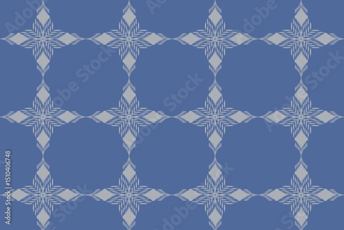 This fabric pattern features traditional geometric motifs in tones and blue hues, arranged in horizontal stripes for a bold ethnic style.