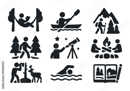 Nature Retreat Icons. Solid, filled icons set of remote nature retreat activities: hammock reading, kayaking