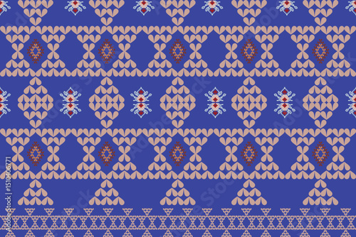 This fabric pattern features traditional geometric motifs in tones and blue hues, arranged in horizontal stripes for a bold ethnic style.
