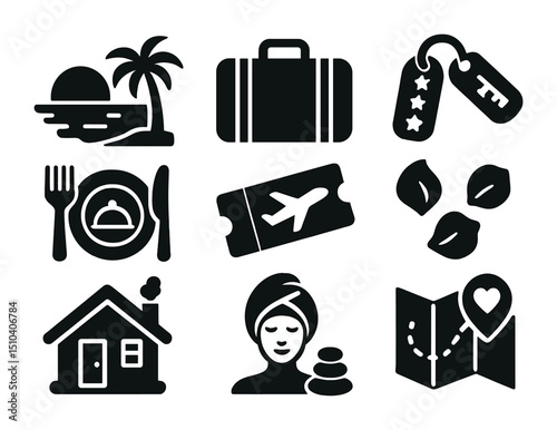 Romantic Getaway Icons. Solid, filled icons set of romantic getaway for anniversary: beach sunset, suitcase