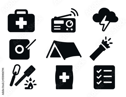 Off-Grid Safety Icons. Solid, filled icons set of emergency and safety while off-grid: first aid kit,