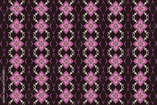 This fabric design features a central floral diamond motif on a rich black background, accented with symmetric pink and navy floral elements.