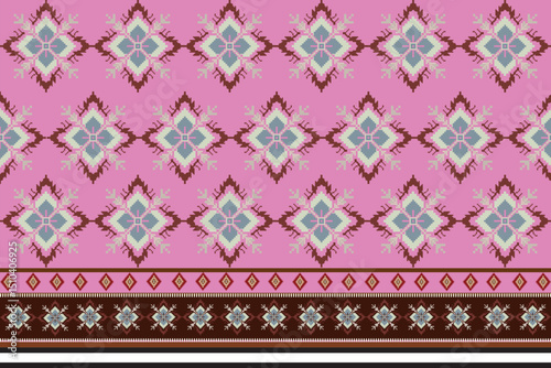 This fabric design features a central floral diamond motif on a rich pink background, accented with symmetric white and navy floral elements.