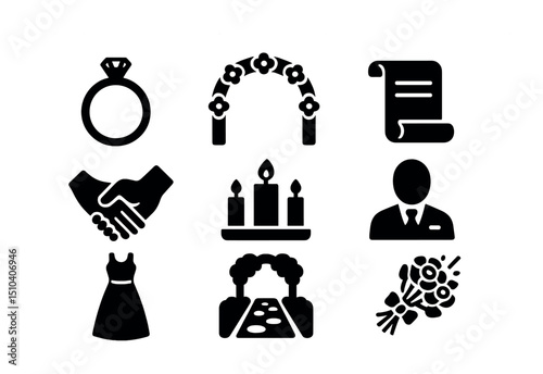 Vow Renewal Icons Set. Solid, filled icons set of vow renewal ceremony: ring icon, archway flowers, vow scroll
