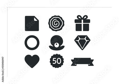 Anniversary Icons Grid. Solid, filled icons set of milestone anniversaries: 1st year paper icon, 5th wood