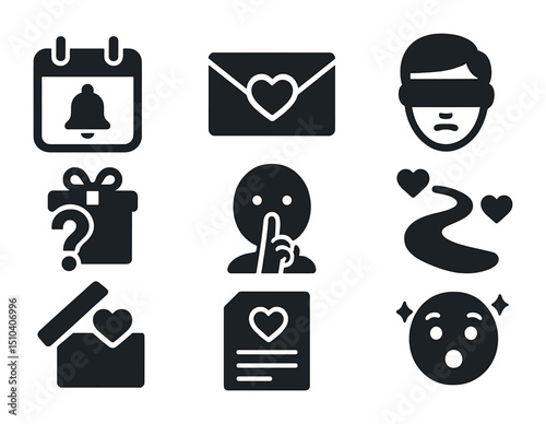 Surprise Anniversary Icons. Solid, filled icons set of surprise anniversary plans: calendar reminder, heart