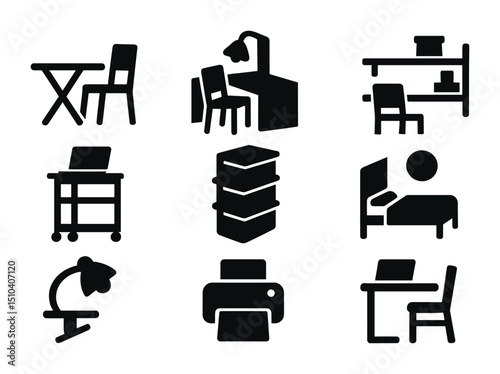 Compact Office Icon Set. Solid, filled icons set of compact office setups in small spaces: foldable desk,
