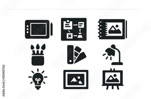 Creative Office Icons. Solid, filled icons set of creative home office setups: drawing tablet, mood board,