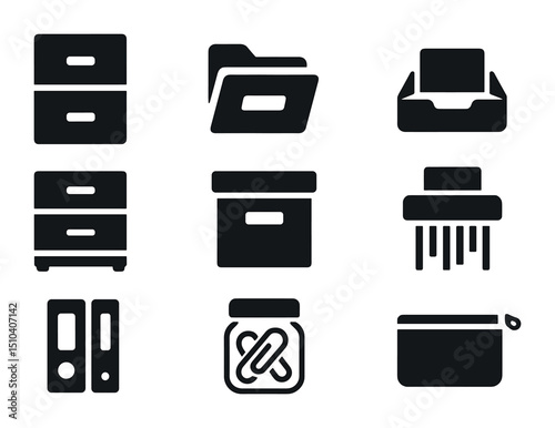 Home Office Icons. Solid, filled icons set of home office filing and storage: file cabinet, labeled folder,