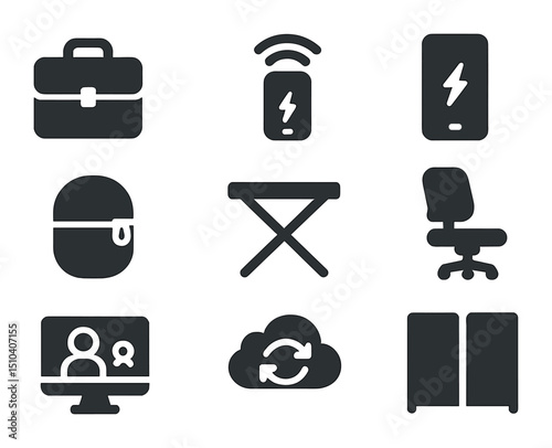 Flexible Work Icons. Solid, filled icons set of hybrid home-office flexibility: laptop bag, mobile hotspot,