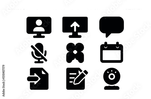 Virtual Tool Icons. Solid, filled icons set of virtual meeting and collaboration tools: video call icon,