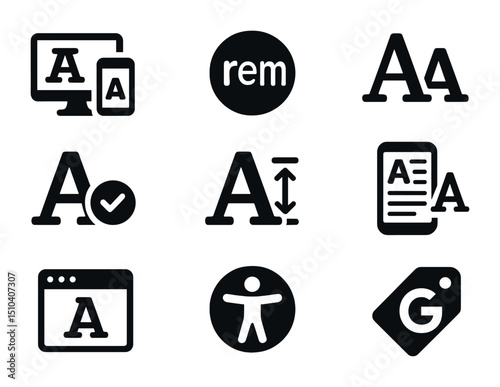 Web Typography Icons. Solid, filled icons set of web typography standards: responsive text, rem unit icon,