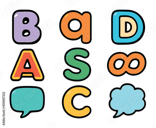 Colorful Icon Grid. Solid, filled icons set of playful and creative type: bubble font, funky letterform,