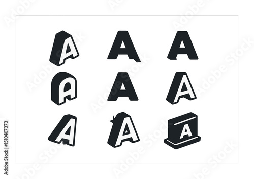 3D Typographic Icons. Solid, filled icons set of 3D and dimensional typography: extruded letter, shadow depth,