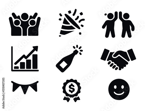 Startup Success Icons. Solid, filled icons set of startup team celebrating funding success: raised hands,