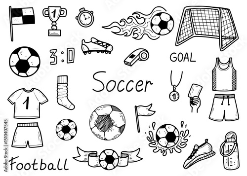 Soccer set. Hand drawn doodle illustration. Equipment for playing ball with feet on grass field. Football championship, match. Gates, uniform, stopwatch. Vector line art collection of elements.