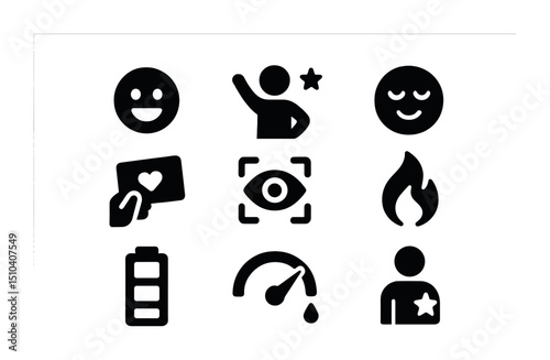 Founder Emotion Icons. Solid, filled icons set of founder emotions after funding: joy face, proud moment,