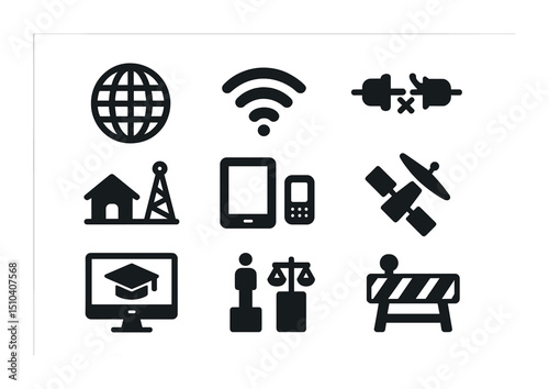 Digital Accessibility Icons. Solid, filled icons set of the digital divide and global internet accessibility: