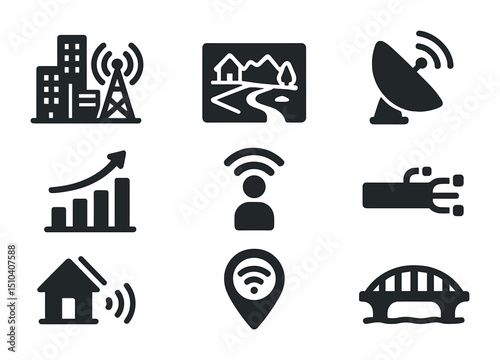 Urban-Rural Connectivity Icons. Solid, filled icons set of urban vs rural connectivity: city signal tower,