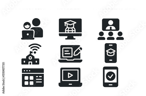Educational Icons Grid. Solid, filled icons set of internet access for education: student laptop, e-learning