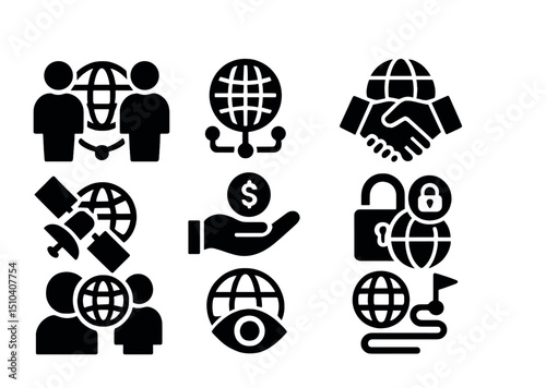 Global Collaboration Icons. Solid, filled icons set of global collaboration for connectivity: joint venture