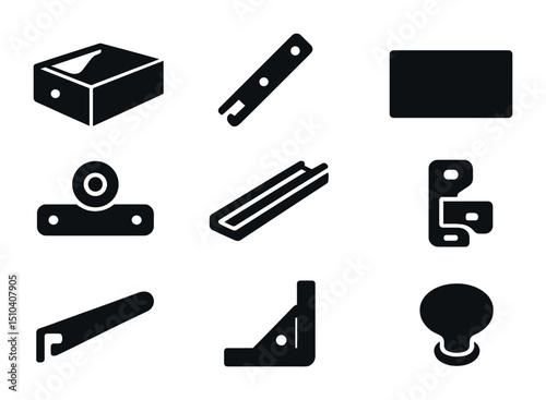 Drawer Component Icons. Solid, filled icons set of drawer components and mechanics: drawer box, side rail,