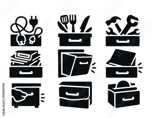 Cluttered Drawer Icons. Solid, filled icons set of cluttered drawers causing jams: tangled cords, overpacked