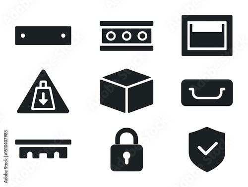 Heavy-Duty Drawer Icons. Solid, filled icons set of heavy-duty drawer solutions: metal runner, ball-bearing