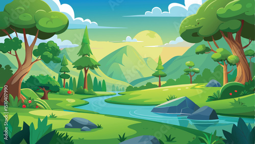 Cartoon Landscape with River, Trees, Mountains, and Blue Sky Vector Illustration