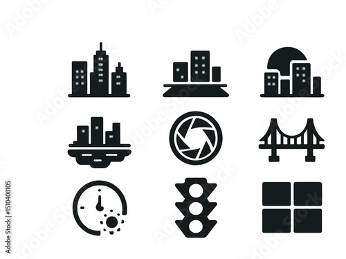Urban Icon Set. Solid, filled icons set of urban landscape photography: skyline view, rooftop shot, sunset